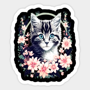 Black and Grey Kitten Surrounded by Spring Flowers Sticker